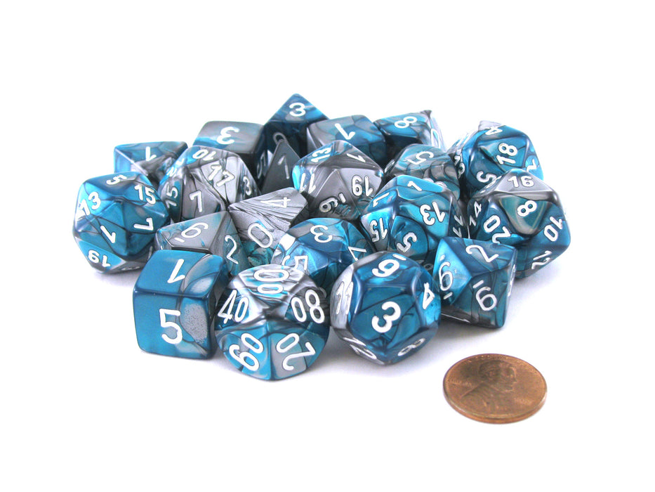 Bag of 20 Gemini Polyhedral Dice - Steel-Teal with White Numbers