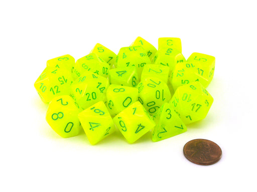 Bag of 20 Vortex Polyhedral Dice - Electric Yellow with Green Numbers