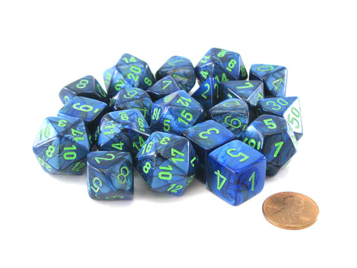 Bag of 20 Lustrous Polyhedral Dice - Dark Blue with Green Numbers