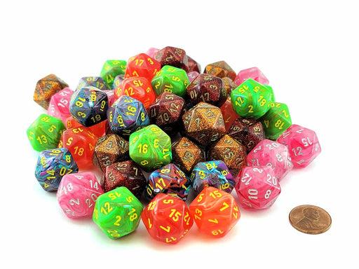 Bag of 50 Menagerie Styles D20 Dice (Festive, Ghostly Glow, Glitter, Vortex)