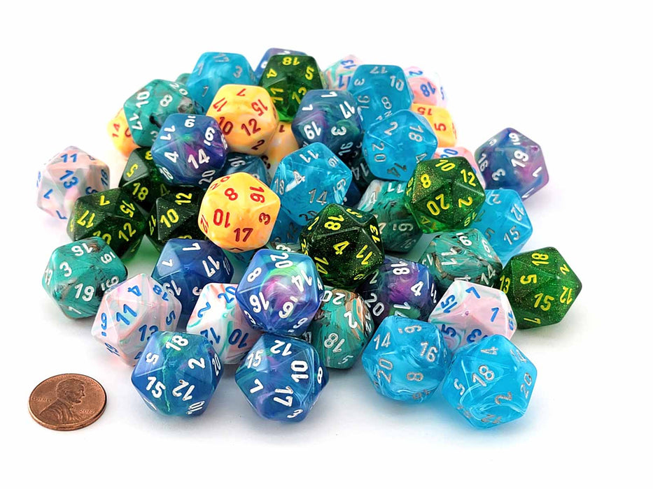 Bag of 50 d20s Dice Menagerie #10 - Marble, Festive, and Borealis Mix