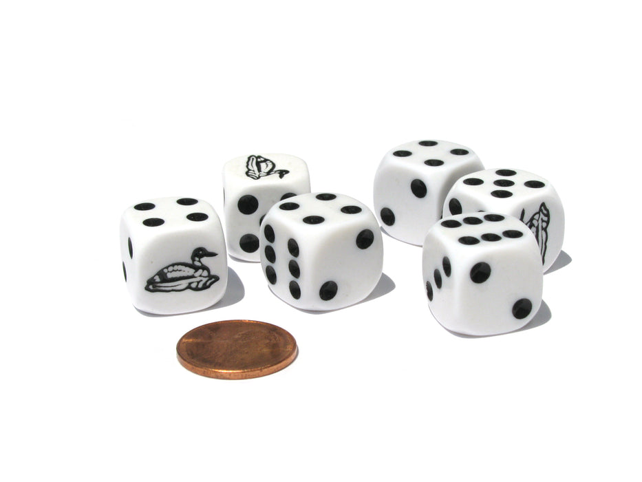 Set of 6 Loon 16mm D6 Round Edged Animal Dice - White with Black Pips