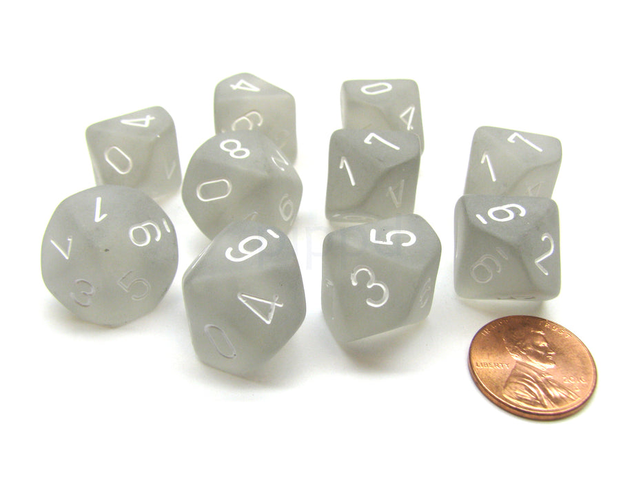 Pack Of 10 Chessex Frosted D10 Dice - Light Smoke with White Numbers