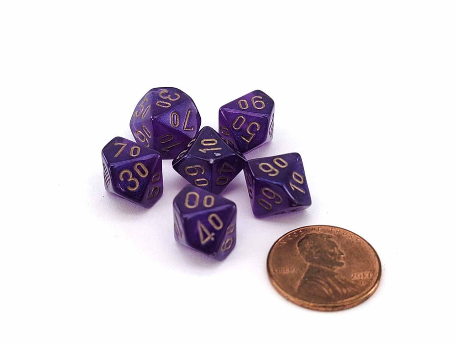 Luminary Borealis 10mm Mini Tens D10 Dice, 6 Pieces - Royal Purple with Gold
