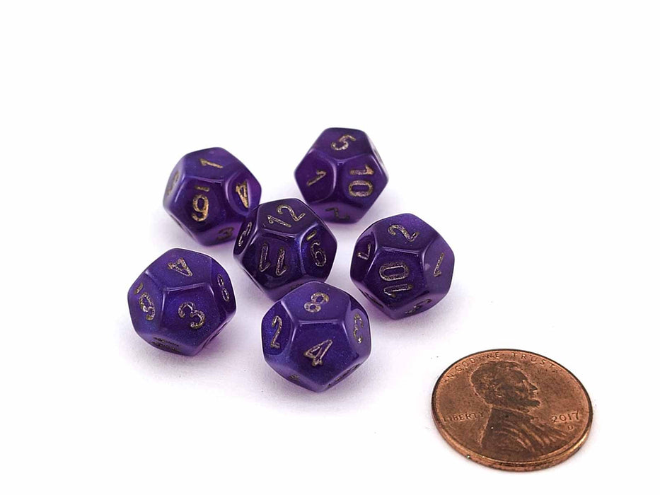 Luminary Borealis 12mm Mini 12 Sided D12 Dice, 6 Pieces - Royal Purple with Gold