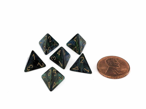 Scarab 12mm Mini 4 Sided D4 Dice, 6 Pieces - Jade with Gold Numbers