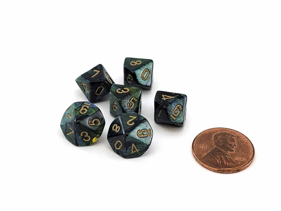 Scarab 10mm Mini 10 Sided D10 Dice, 6 Pieces - Jade with Gold Numbers