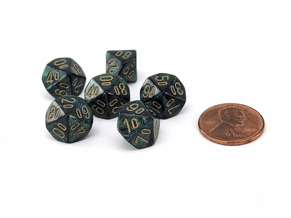 Scarab 10mm Mini Tens D10 Dice, 6 Pieces - Jade with Gold Numbers