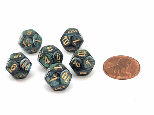 Scarab 12mm Mini 12 Sided D12 Dice, 6 Pieces - Jade with Gold Numbers