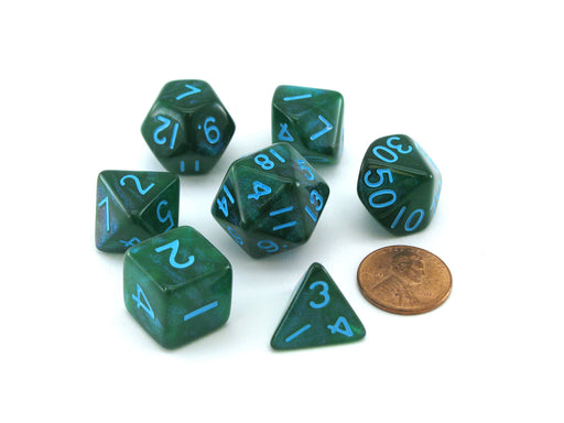 Acrylic Stardust 7-Die Polyhedral 16mm Dice Set - Green with Blue Numbers