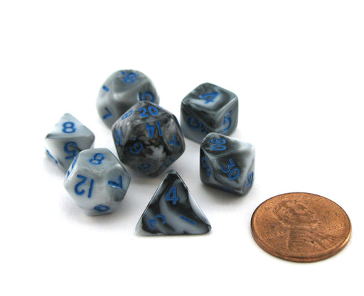 Mini 10mm Polyhedral Dice Set, 7 Pieces - Marble with Blue Numbers