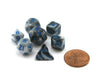 Mini 10mm Polyhedral Dice Set, 7 Pieces - Marble with Blue Numbers