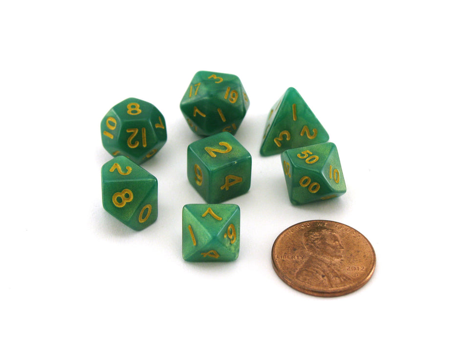 Mini 7-Die Polyhedral Dice Set - Green and Light Green with Gold Numbers