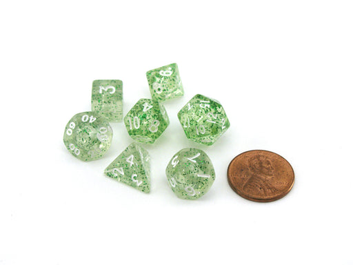 Mini 7-Die Polyhedral Dice Set - Ethereal Green with White Numbers