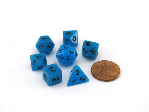 Mini 7-Die Polyhedral Dice Set - Glow Blue with Black Numbers