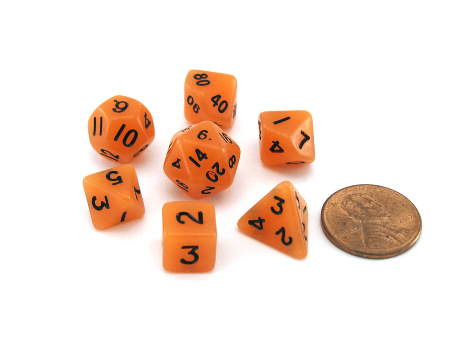 Mini 7-Die Polyhedral Dice Set - Glow Orange with Black Numbers