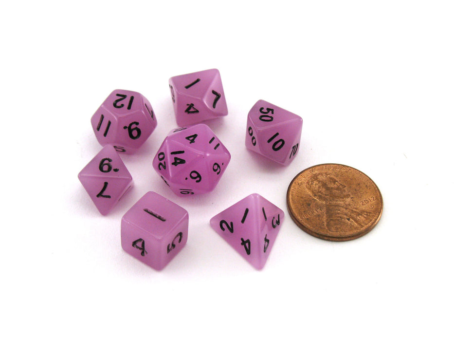Mini 7-Die Polyhedral Dice Set - Glow Purple with Black Numbers