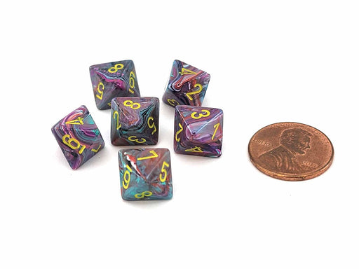Festive 9mm Mini 8 Sided D8 Dice, 6 Pieces - Mosaic with Yellow Numbers