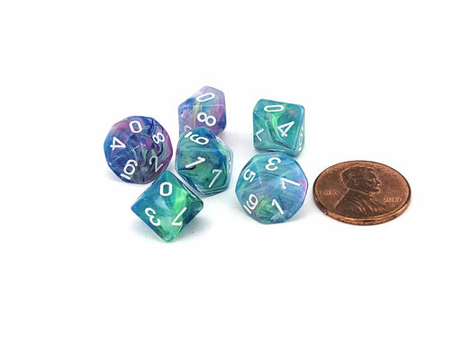 Festive 10mm Mini 10 Sided D10 Dice, 6 Pieces - Waterlily with White Numbers