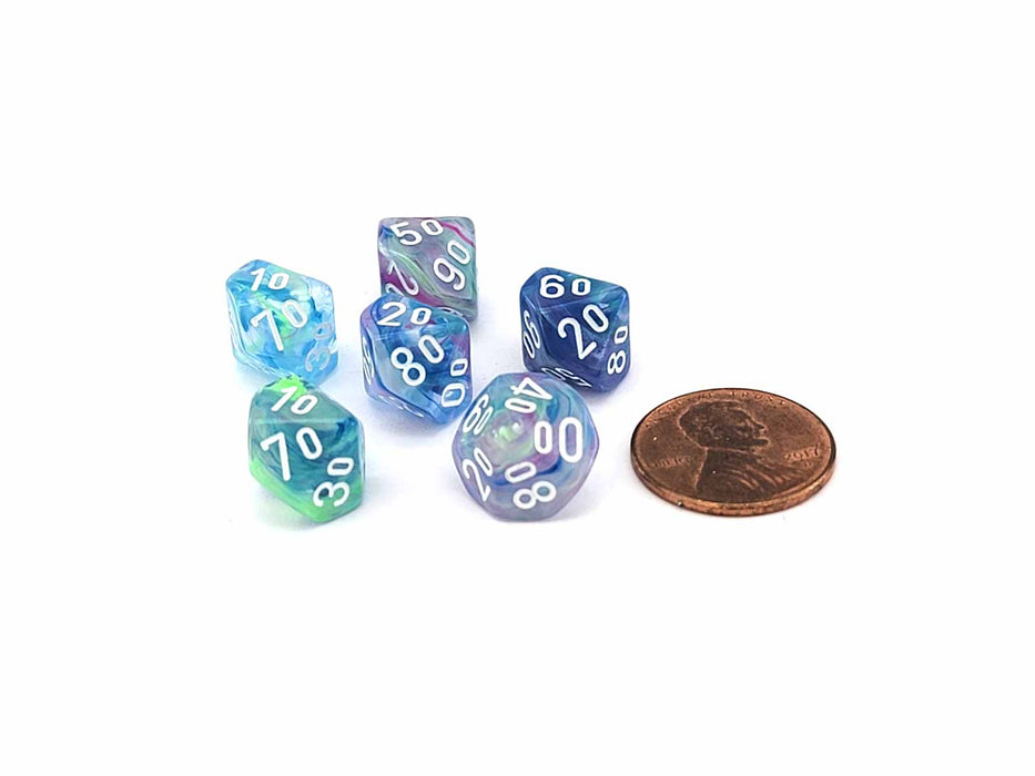 Festive 10mm Mini Tens D10 Dice, 6 Pieces - Waterlily with White Numbers
