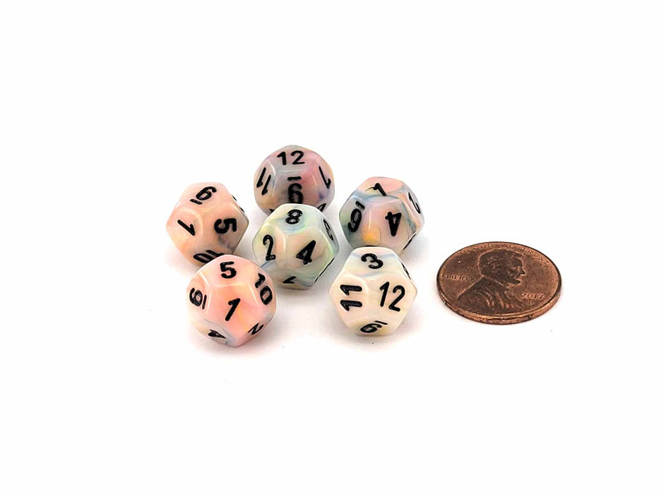 Festive 12mm Mini 12 Sided D12 Dice, 6 Pieces - Circus with Black Numbers
