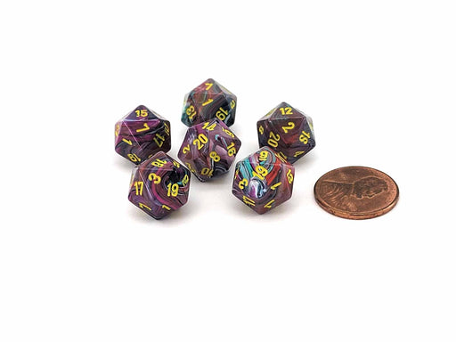 Festive 12mm Mini 20 Sided D20 Dice, 6 Pieces - Mosaic with Yellow Numbers