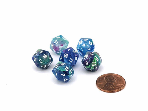 Festive 12mm Mini 20 Sided D20 Dice, 6 Pieces - Waterlily with White Numbers
