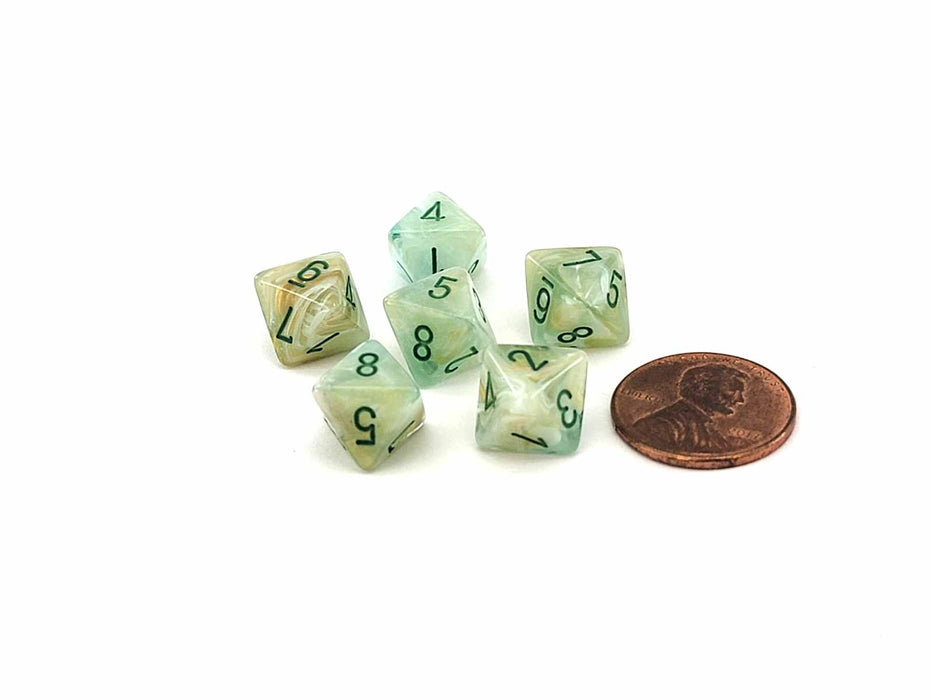 Marble 9mm Mini 8 Sided D8 Dice, 6 Pieces - Green with Dark Green Numbers