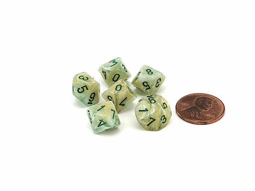 Marble 10mm Mini 10 Sided D10 Dice, 6 Pieces - Green with Dark Green Numbers