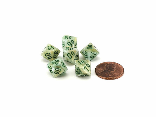 Marble 10mm Mini Tens D10 Dice, 6 Pieces - Green with Dark Green Numbers