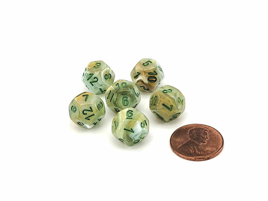 Marble 12mm Mini 12 Sided D12 Dice, 6 Pieces - Green with Dark Green Numbers