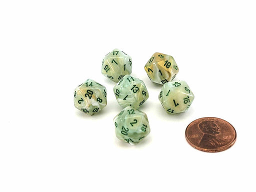 Marble 12mm Mini 20 Sided D20 Dice, 6 Pieces - Green with Dark Green Numbers