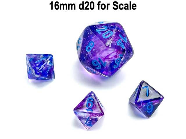 Luminary Nebula 9mm Mini 8 Sided D8 Dice, 6 Pieces - Nocturnal with Blue Numbers