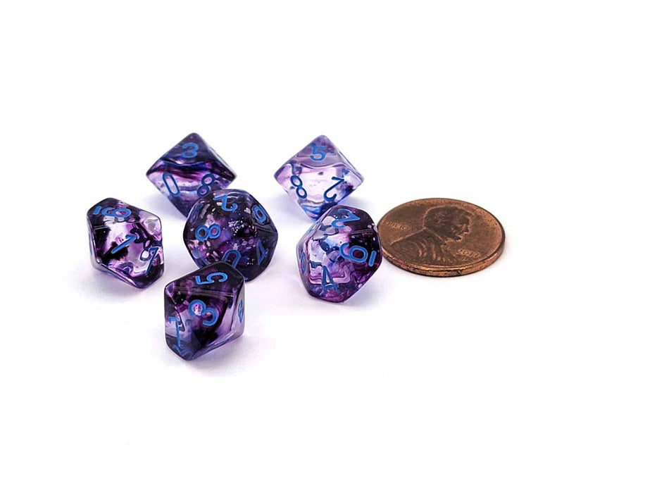Luminary Nebula 10mm Mini 10 Sided D10 Dice, 6 Pieces - Nocturnal with Blue