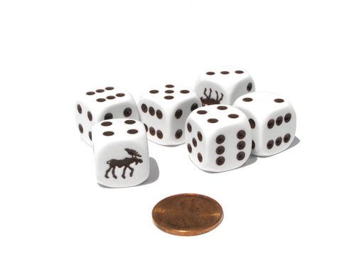 Set of 6 Moose 16mm D6 Round Edged Animal Dice - White with Brown Pips