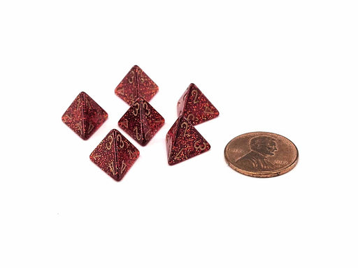 Glitter 12mm Mini 4 Sided D4 Dice, 6 Pieces - Ruby with Gold Numbers