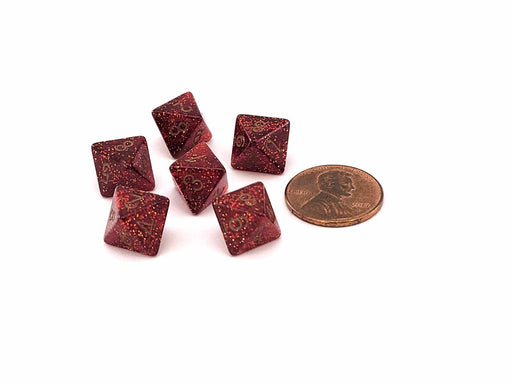 Glitter 9mm Mini 8 Sided D8 Dice, 6 Pieces - Ruby with Gold Numbers