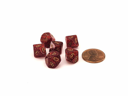 Glitter 10mm Mini 10 Sided D10 Dice, 6 Pieces - Ruby with Gold Numbers