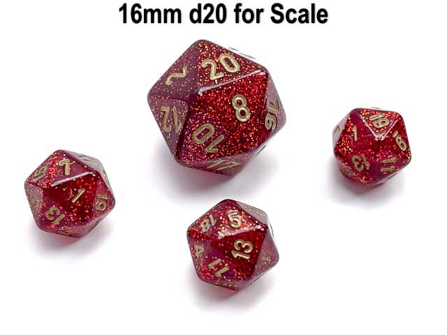 Glitter 12mm Mini 20 Sided D20 Dice, 6 Pieces - Ruby with Gold Numbers