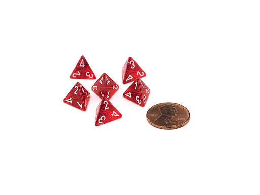 Translucent 12mm Mini 4 Sided D4 Dice, 6 Pieces - Red with White Numbers