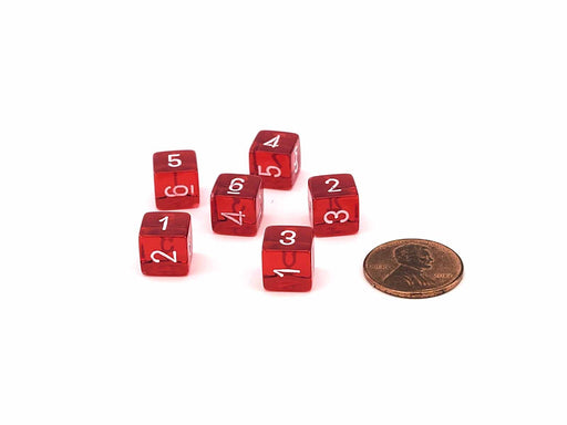 Translucent 9mm Mini 6 Sided D6 Dice, 6 Pieces - Red with White Numbers