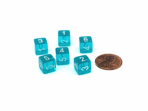 Translucent 9mm Mini 6 Sided D6 Dice, 6 Pieces - Teal with White Numbers