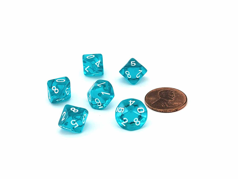 Translucent 10mm Mini 10 Sided D10 Dice, 6 Pieces - Teal with White Numbers
