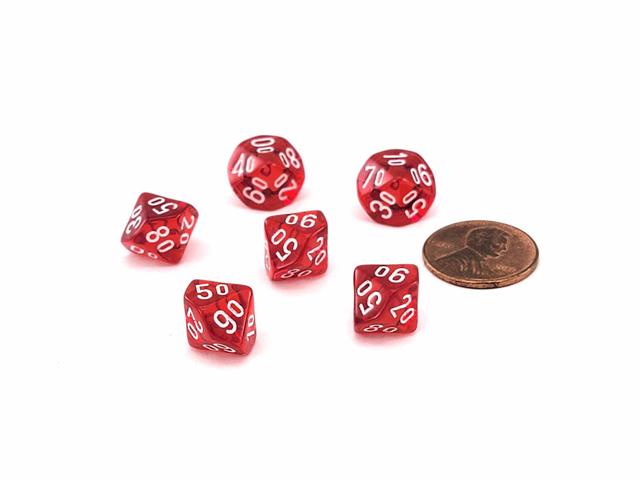 Translucent 10mm Mini Tens D10 Dice, 6 Pieces - Red with White Numbers