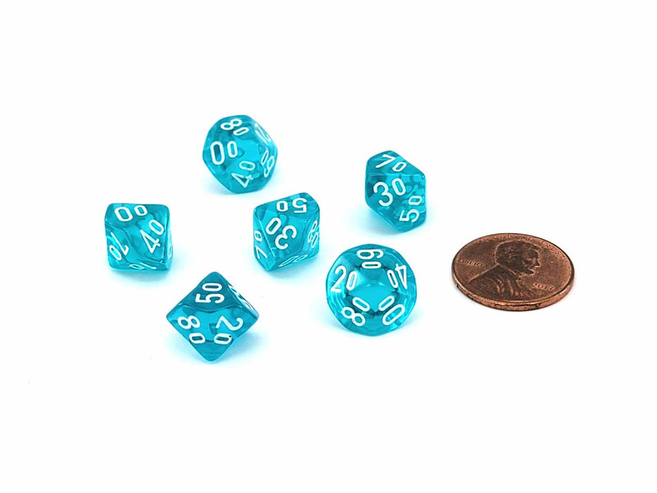 Translucent 10mm Mini Tens D10 Dice, 6 Pieces - Teal with White Numbers