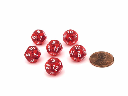 Translucent 12mm Mini 12 Sided D12 Dice, 6 Pieces - Red with White Numbers