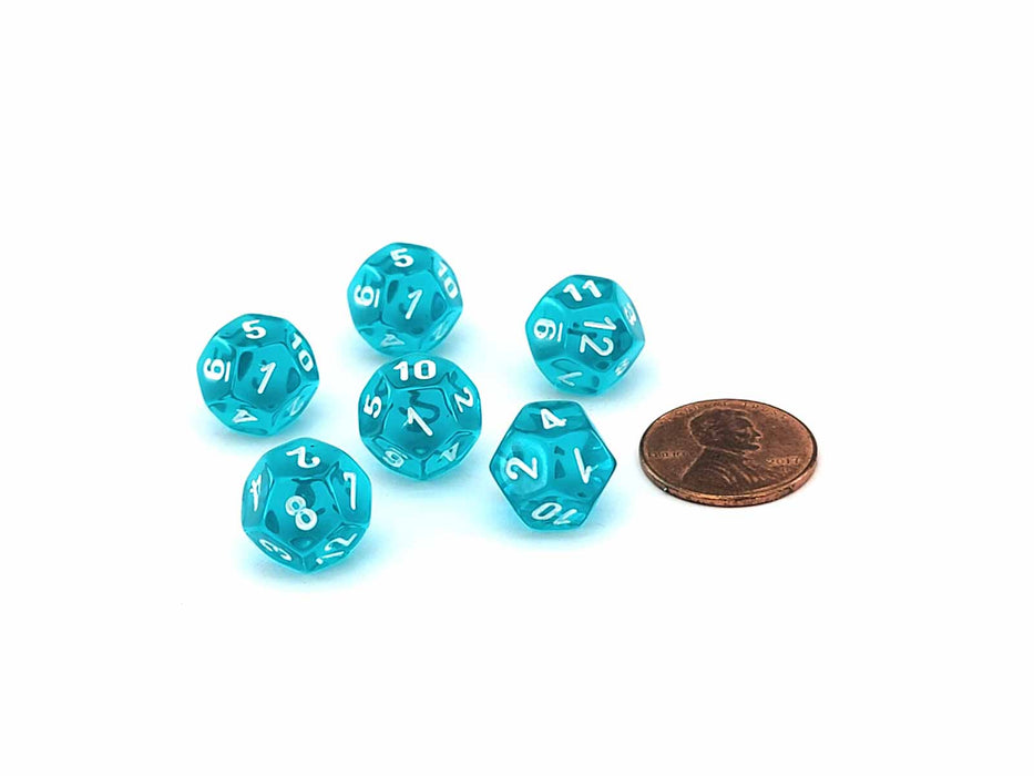 Translucent 12mm Mini 12 Sided D12 Dice, 6 Pieces - Teal with White Numbers