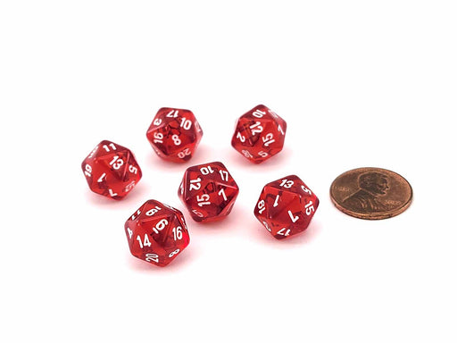 Translucent 12mm Mini 20 Sided D20 Dice, 6 Pieces - Red with White Numbers