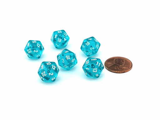 Translucent 12mm Mini 20 Sided D20 Dice, 6 Pieces - Teal with White Numbers