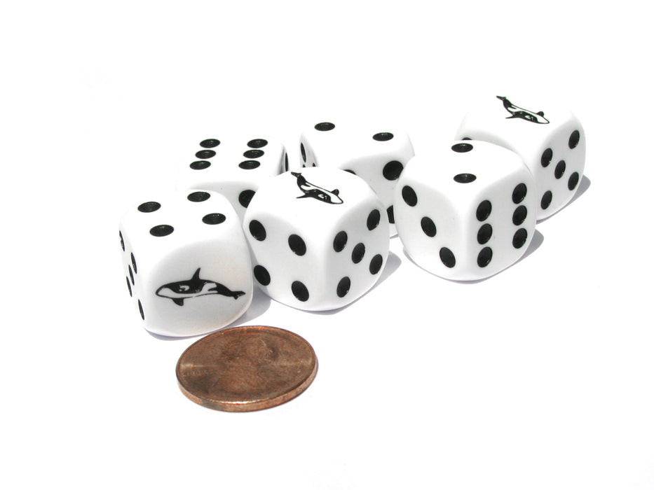 Set of 6 Orca Whale 16mm D6 Round Edge Animal Dice- White with Black Pips
